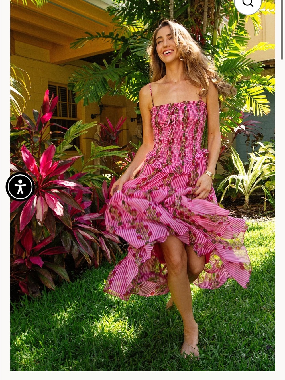 Free People Pink Floral Striped Sundress with Smocked Bodice